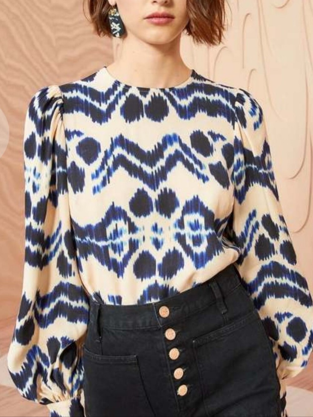 Ulla Johnson Liliana Navy & Cream Ikat-Print Blouse Size 4 Nwt - Picture 2 of 14